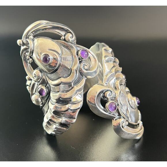 Margot De Taxco Mexico Sterling Silver Amethyst Koi Fish Clamper Bracelet #5207 - Picture 8 of 13
